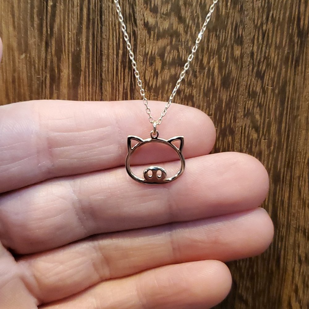 20 Inch Gold Plated Over 925 Sterling Silver Pig Face Pendant Necklace